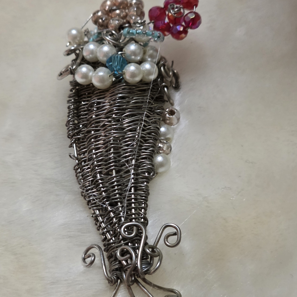 Artisan Silver Wire Wrap Basket Brooch with Pearls and Beads